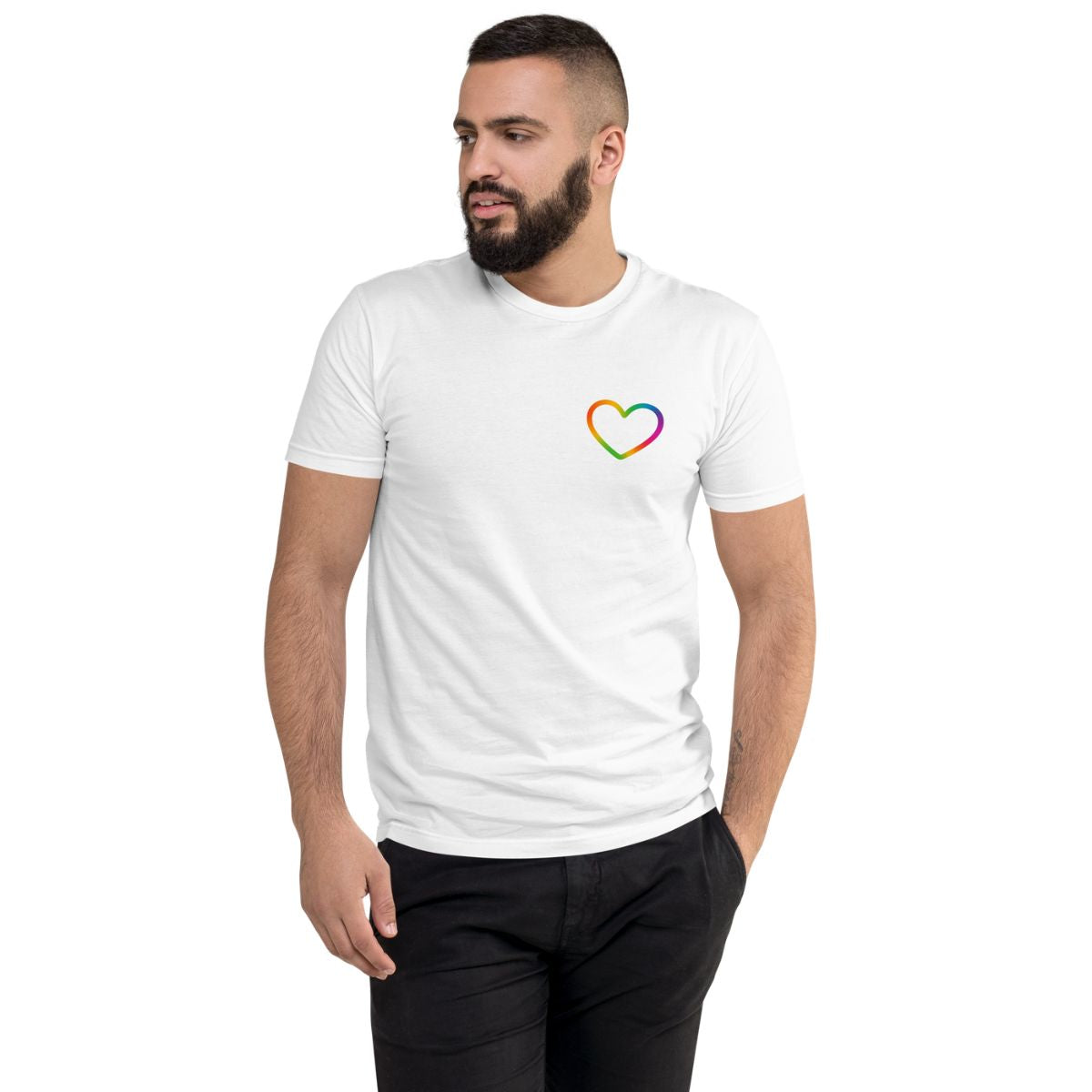 Man wearing a white t-shirt with a rainbow heart logo on a white background